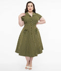 V-neck Pocketed Collared Swing-Skirt Checkered Print Dress by Collectif Clothing