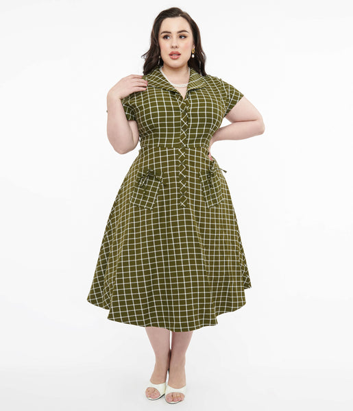 Plus Size Sophisticated V-neck Cap Sleeves Checkered Print Button Front Pocketed Collared Swing-Skirt Dress