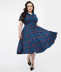 Plus Size Sophisticated Elasticized Waistline Checkered Print Short Sleeves Sleeves Collared Vintage Button Front Belted Swing-Skirt Dress