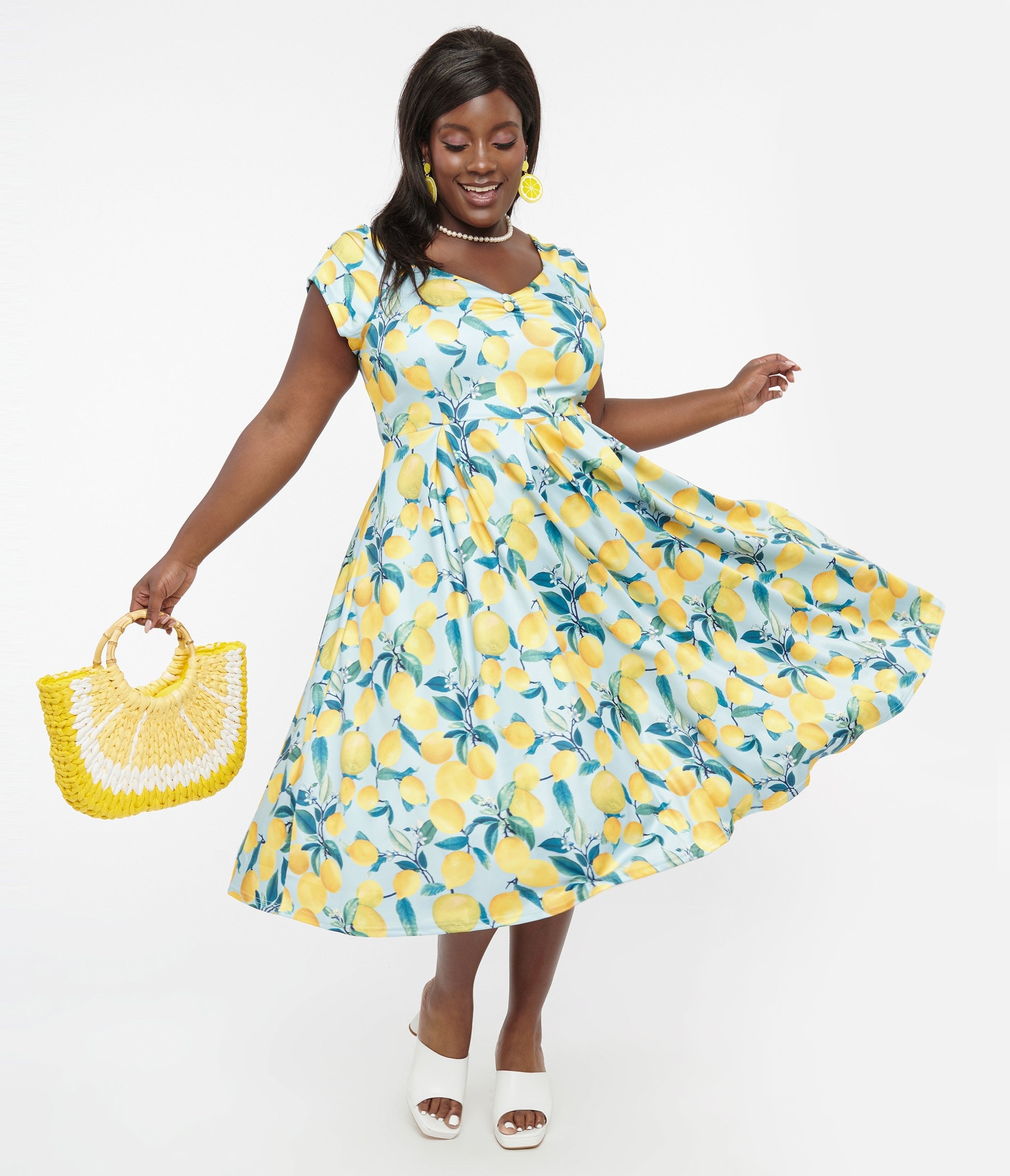 

Dolly & Dotty 1950S Blue & Yellow Lemon Off The Shoulder Lily Swing Dress