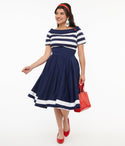 Short Sleeves Sleeves Side Zipper Bateau Neck Cotton Striped Print Swing-Skirt Dress