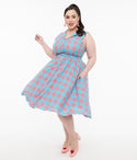 Collared Checkered Gingham Print Sleeveless Cotton Pocketed Button Front Back Zipper Belted Swing-Skirt Dress