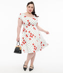 Sweetheart Short Cap Sleeves Polka Dots Print Swing-Skirt Dress