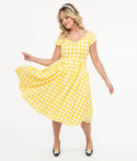Sweetheart Short Sleeves Sleeves Cotton Checkered Gingham Print Swing-Skirt Dress