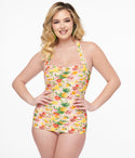 Esther Williams 1950s Light & Fruit Print One Piece Swimsuit