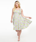 V-neck Pocketed Swing-Skirt Sleeveless Floral Print Cotton Dress