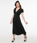 V-neck Puff Sleeves Sleeves Back Zipper Button Front Glittering Midi Dress