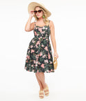 Floral Print Cotton Spaghetti Strap Sweetheart Swing-Skirt Back Zipper Pocketed Dress