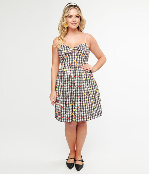 Sweetheart Swing-Skirt Cotton Short Spaghetti Strap Pocketed Checkered Gingham Print Dress