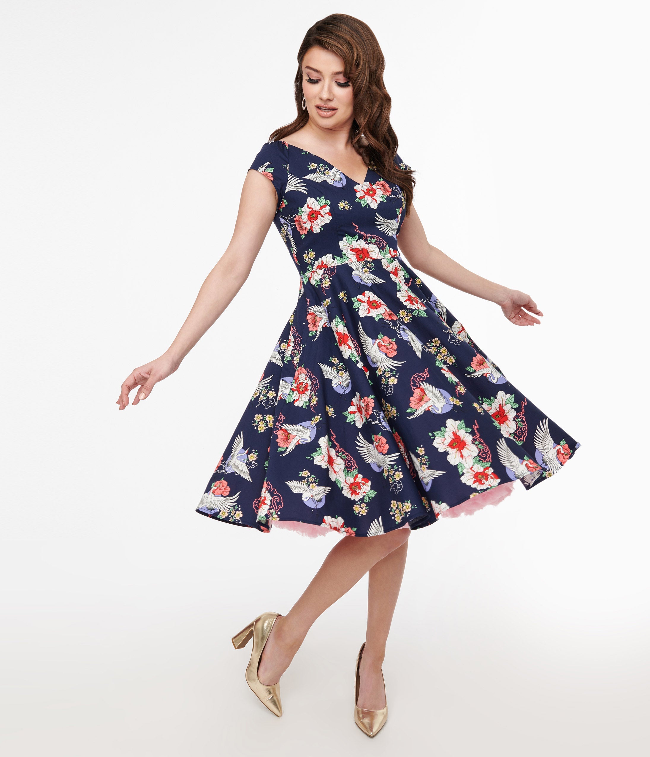

Hell Bunny 1950S Navy Floral & Cranes Cotton Swing Dress