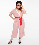 V-neck Snap Closure Pocketed Striped Print Elasticized Tie Waist Waistline Jumpsuit With a Sash