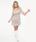 Collared Floral Print Flowy Vintage Shift 3/4 Sleeves Dress