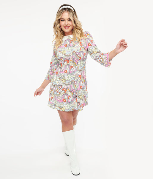 3/4 Sleeves Floral Print Vintage Flowy Collared Shift Dress