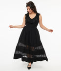 Striped Print Scoop Neck Lace Tiered Sheer Maxi Dress With Ruffles