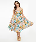 Hell Bunny 1950s Light Brown & Tropical Floral Print Cotton Pattaya Midi Dress