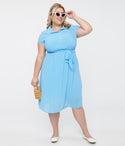 Plus Size Button Front Elasticized Tie Waist Waistline Collared Chiffon Midi Dress With a Sash and Pearls