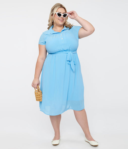 Plus Size Elasticized Tie Waist Waistline Button Front Chiffon Collared Midi Dress With a Sash and Pearls