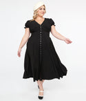 Plus Size V-neck Glittering Back Zipper Button Front Puff Sleeves Sleeves Midi Dress