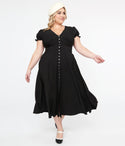 Plus Size V-neck Puff Sleeves Sleeves Glittering Back Zipper Button Front Midi Dress