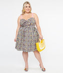 Plus Size Short Pocketed Cotton Swing-Skirt Spaghetti Strap Sweetheart Checkered Gingham Print Dress