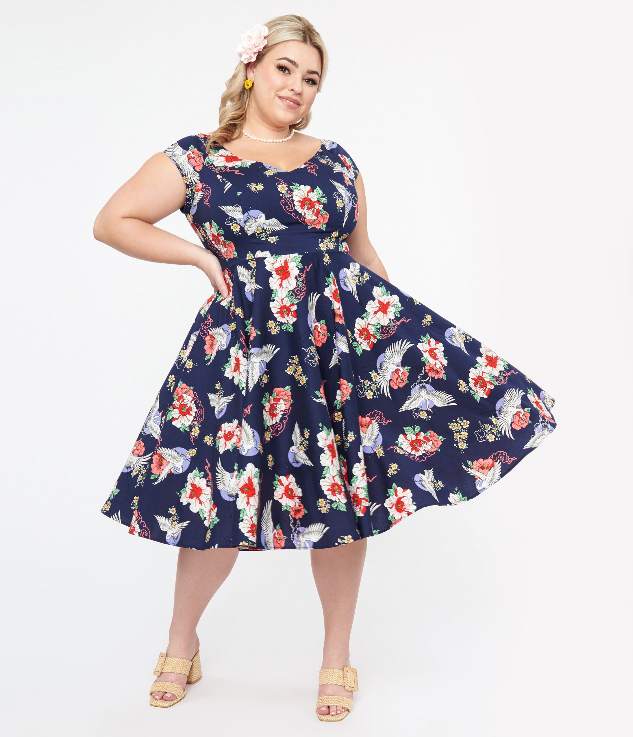 

Hell Bunny Plus Size 1950S Navy Floral & Cranes Cotton Swing Dress