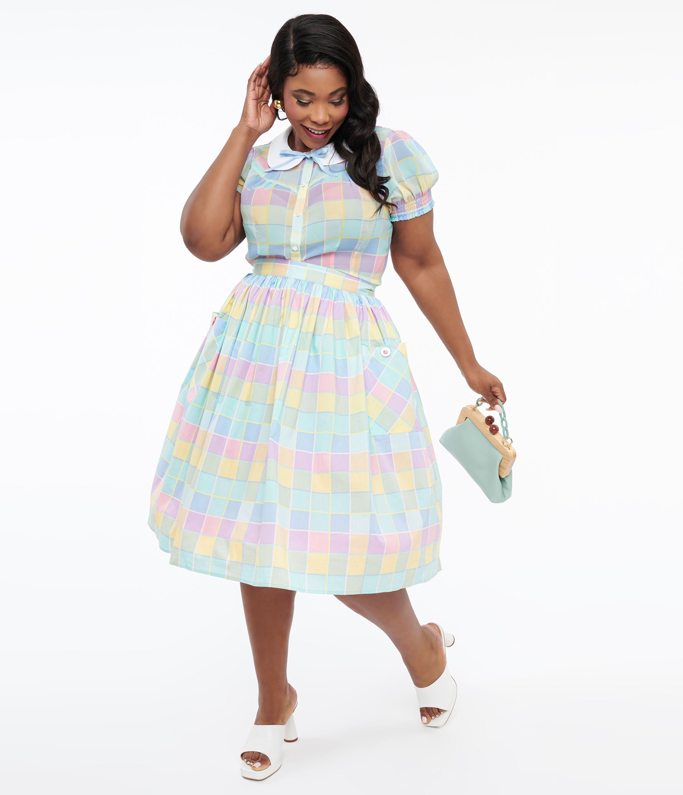 

Hell Bunny Plus Size 1950S Pastel Check Cotton Skye Swing Skirt
