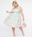 Hell Bunny Plus 1950s Pastel Rainbow Check Cotton Swing Dress