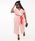 Hell Bunny Plus 1950s White & Striped Jumpsuit