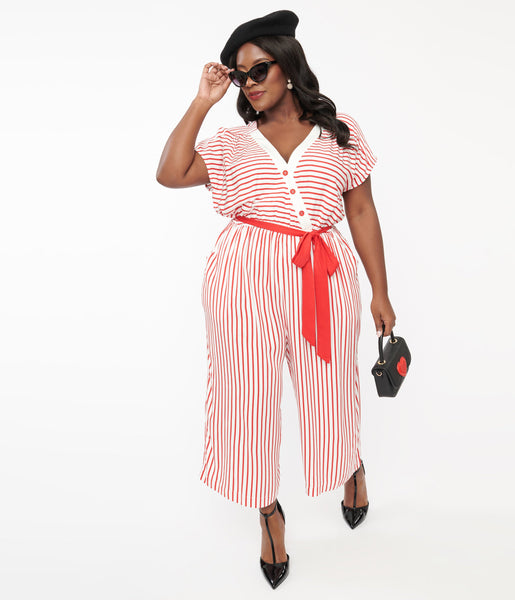 Plus Size V-neck Striped Print Elasticized Tie Waist Waistline Pocketed Snap Closure Jumpsuit With a Sash