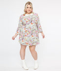 Plus Size Flowy Vintage Shift 3/4 Sleeves Floral Print Collared Dress