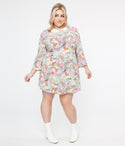 Plus Size Floral Print Shift Flowy Vintage 3/4 Sleeves Collared Dress