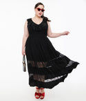 Plus Size Scoop Neck Striped Print Lace Sheer Tiered Maxi Dress With Ruffles