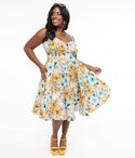 Plus Size Cotton Back Zipper Pocketed Keyhole Floral Print Spaghetti Strap Sweetheart Midi Dress