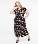 Plus Size V-neck Button Front Pocketed Back Zipper Floral Print Jumpsuit