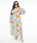 Self Tie Open-Back Chiffon Floral Print Long Sleeves Smocked Maxi Dress