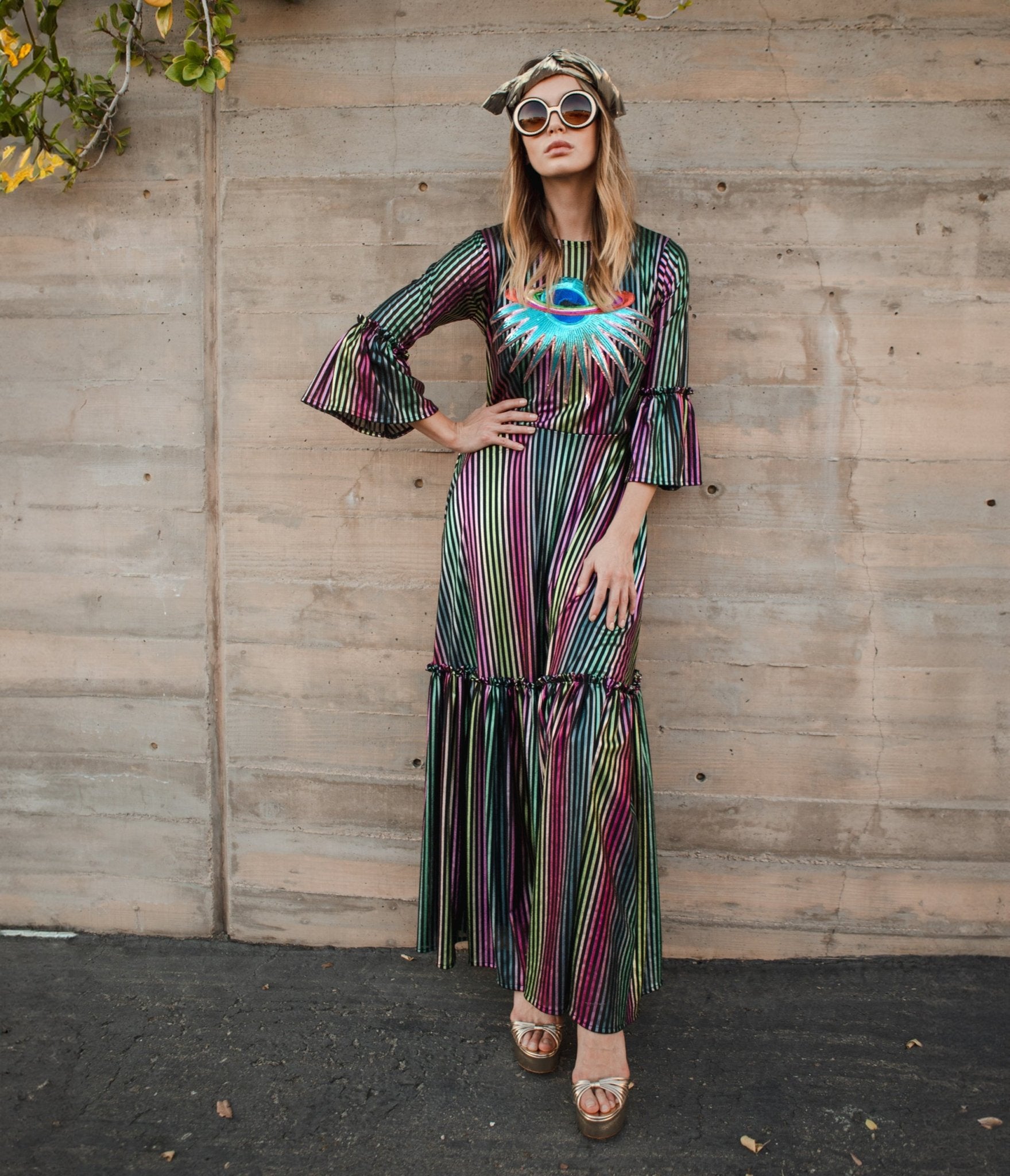 

Jennafer Grace Iridescent Rainbow Stripe Planet Queen Carnivale Ruffle Dress