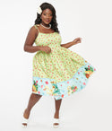 Plus Size Spaghetti Strap Floral Print Swing-Skirt Fitted Self Tie Dress