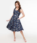 V-neck Pocketed Cotton General Print Swing-Skirt Sleeveless Dress