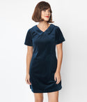 Collared Above the Knee Velvet Short Sleeves Sleeves Shift Dress