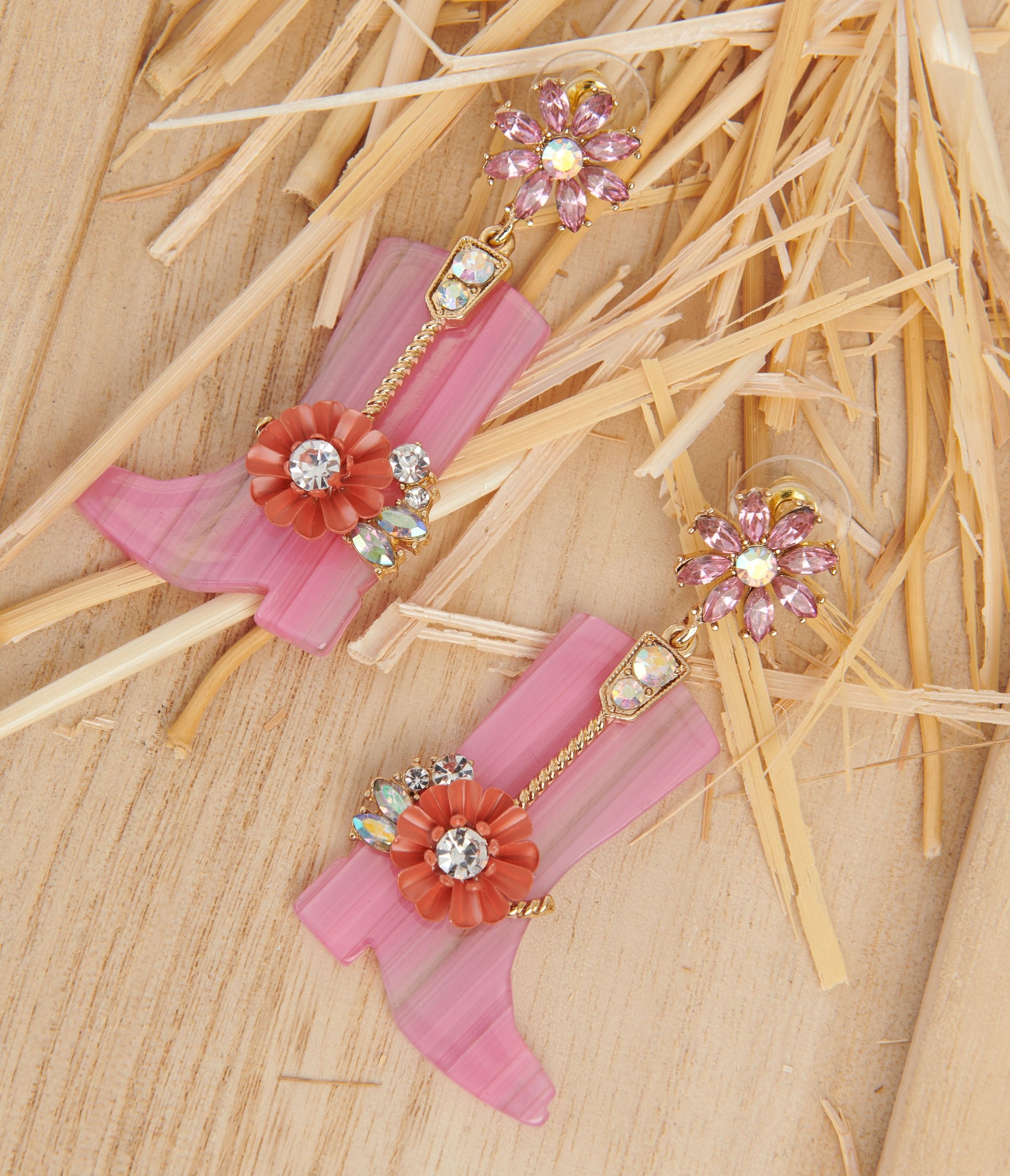 

Pink Floral Rhinestone Cowboy Boot Earrings