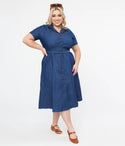 Plus Size Denim Belted Button Front Pocketed Midi Dress