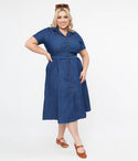 Plus Size Denim Pocketed Button Front Belted Midi Dress