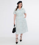 Plus Size Short Sleeves Sleeves Cotton General Print Elasticized Waistline Collared Belted Button Front Pocketed Midi Dress