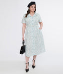 Plus Size General Print Short Sleeves Sleeves Button Front Pocketed Belted Cotton Collared Elasticized Waistline Midi Dress