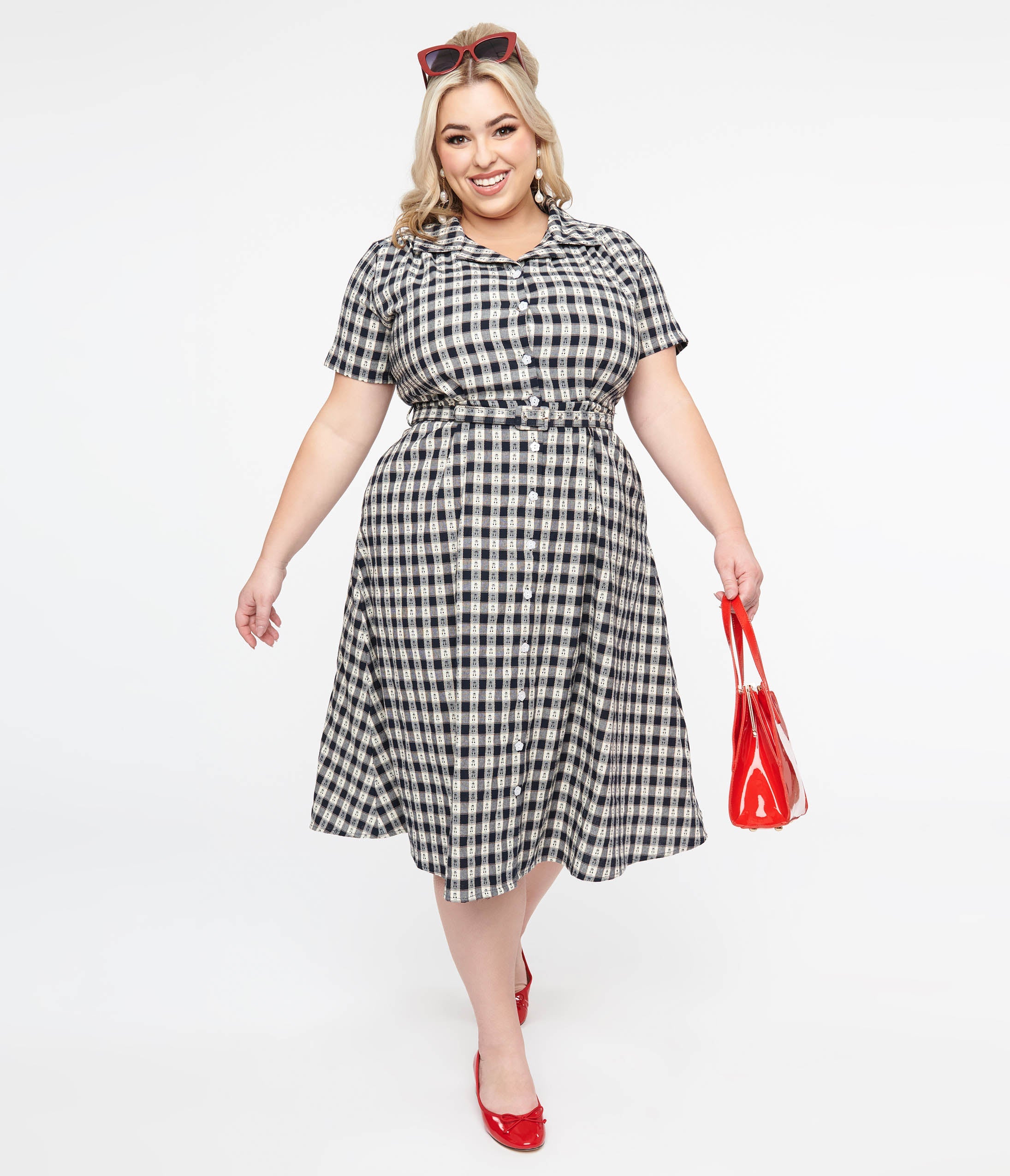 

Plus Size 1940S Navy Plaid Cherry Cotton Midi Dress