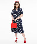 Plus Size Short Sleeves Sleeves Swing-Skirt Back Zipper Cutout Self Tie Pocketed Polka Dots Print Collared Dress