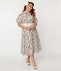 Plus Size Floral Print Tie Waist Waistline Self Tie Button Front Collared Swing-Skirt Dress