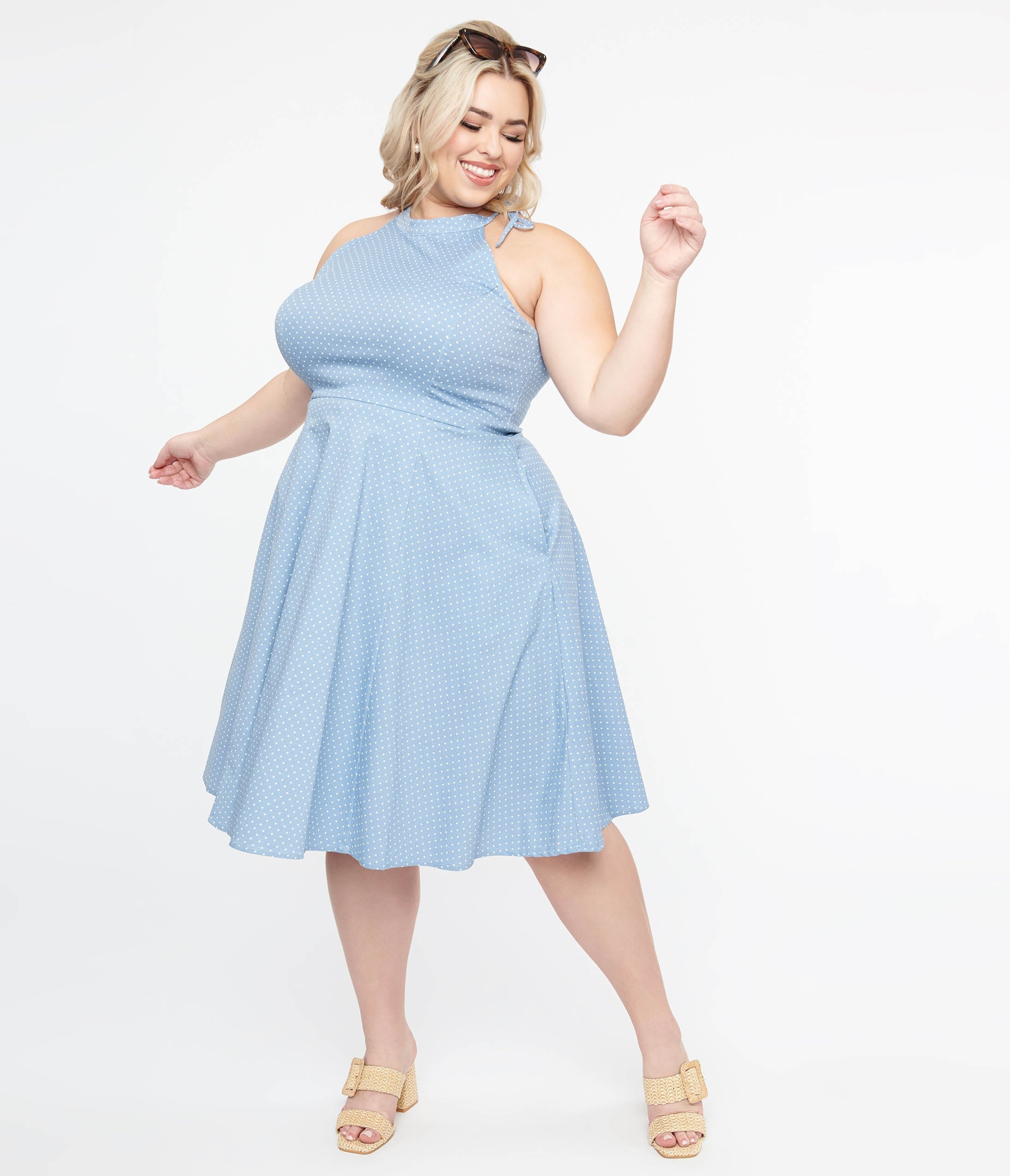 

Plus Size 1940S Sky Blue & White Dot Halter Hattie Cotton Swing Dress