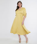 Plus Size V-neck Swing-Skirt Elbow Length Sleeves Pocketed Back Zipper Self Tie Keyhole Dress