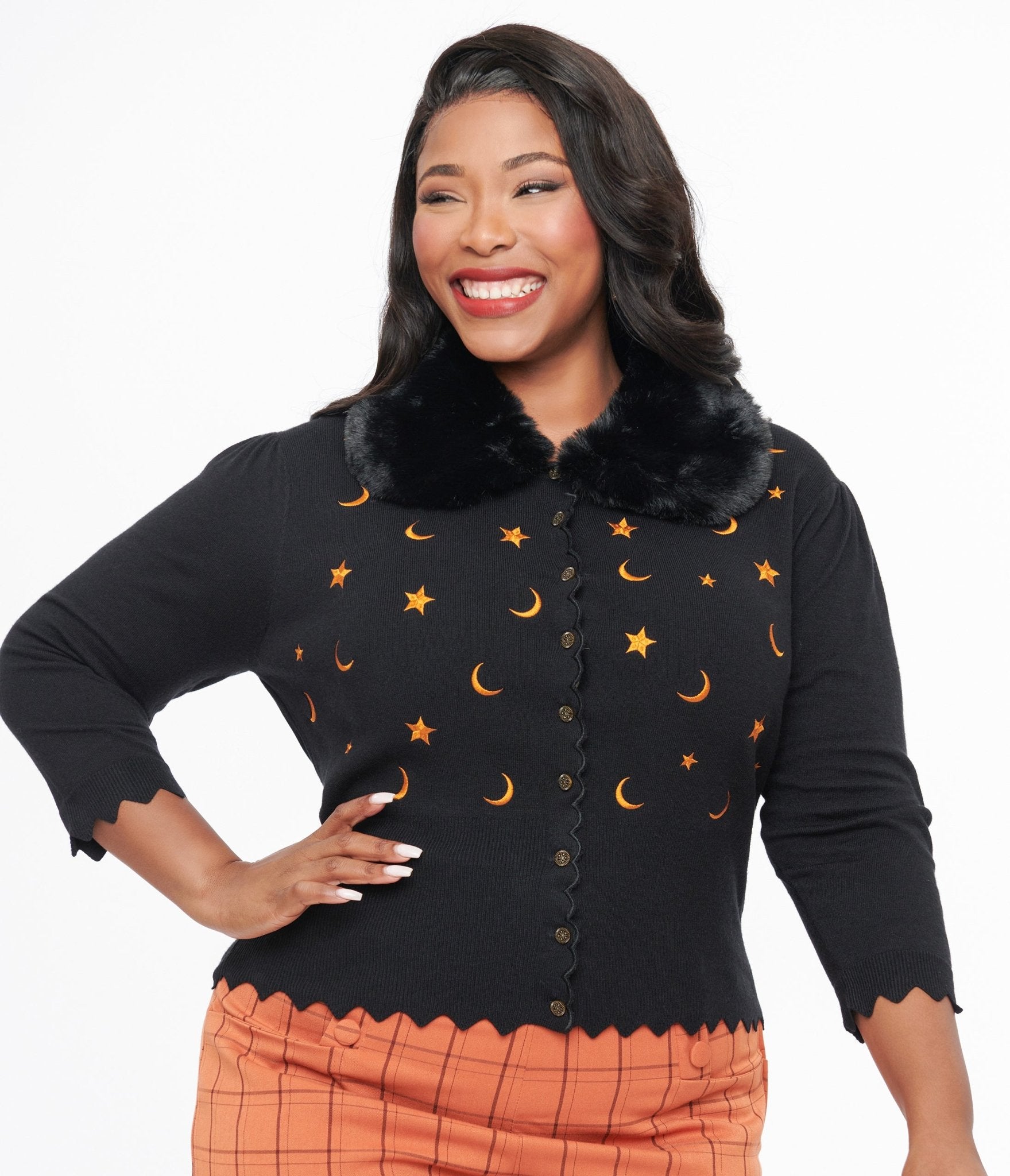 

Plus Size 1950S Black & Orange Half Moon Cardigan